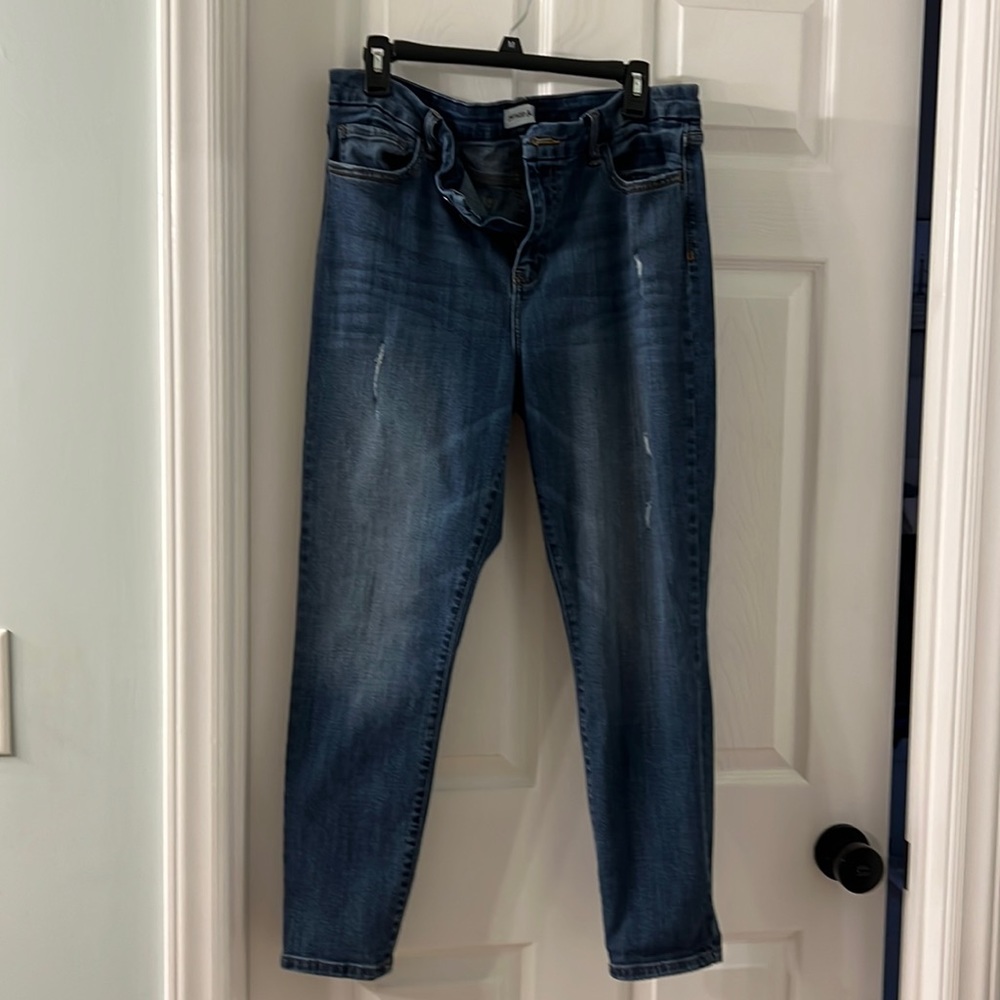 Petite Skinny Mid rise Jeans- Studio Blue medium wash distressed